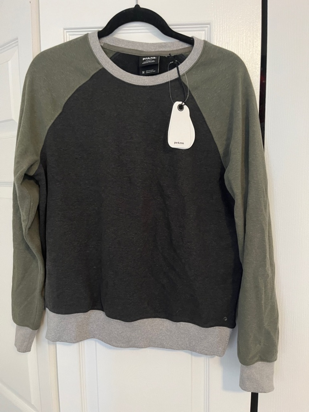 Prana Two-Tone Raglan Sweatshirt in Olive Green & Charcoal